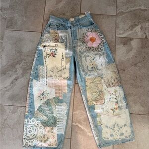We The Free Blue Patchwork Boyfriend Jeans